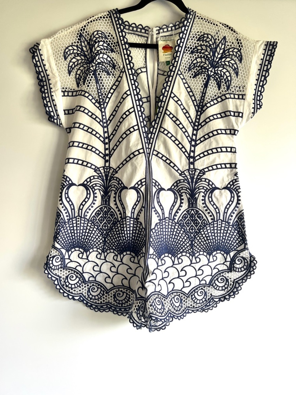 FARM Rio Blue Richelieu Plunging Neck Romper Size XS NWT Embroidered Lace - Picture 4 of 15